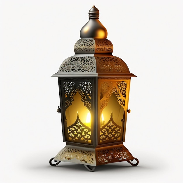 A lamp with the light on it is a gold and silver color.