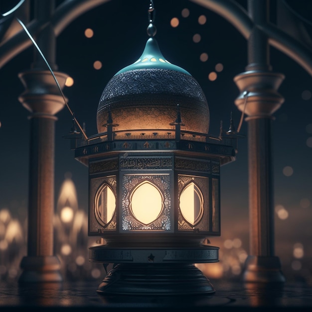 A lamp with the lights on it ramadan kareem mosque with moon