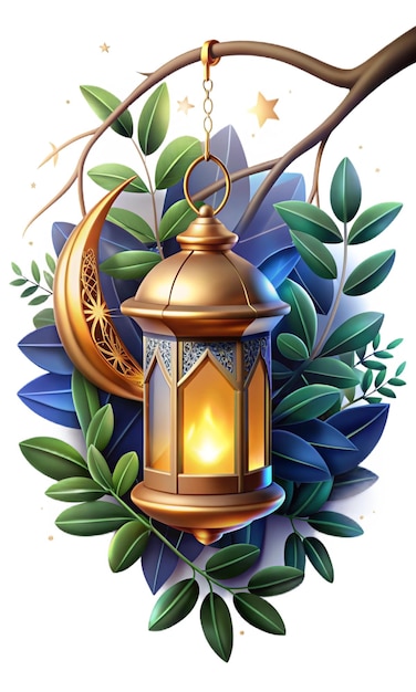 a lamp with a moon and a blue background with a moon and leaves