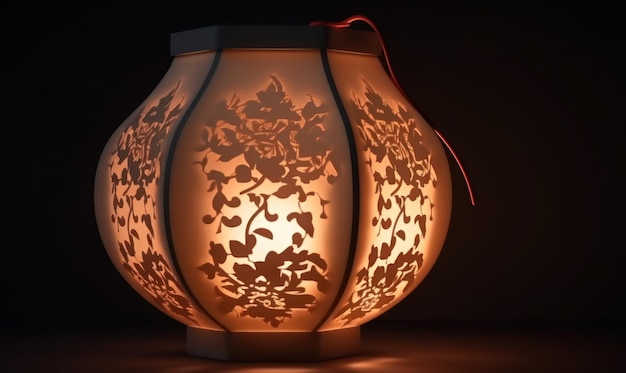 A lamp with a pattern of leaves on it