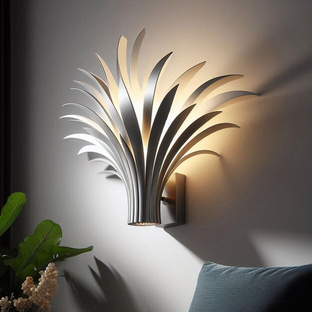 a lamp with a plant on the wall next to it