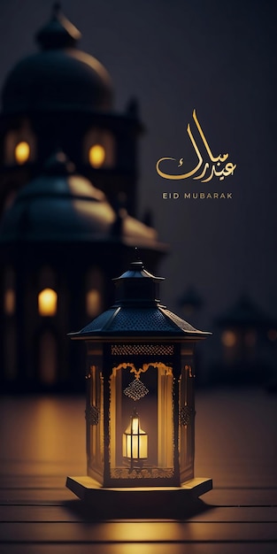 A lamp with the words eid mubarak on it in front of a mosque.