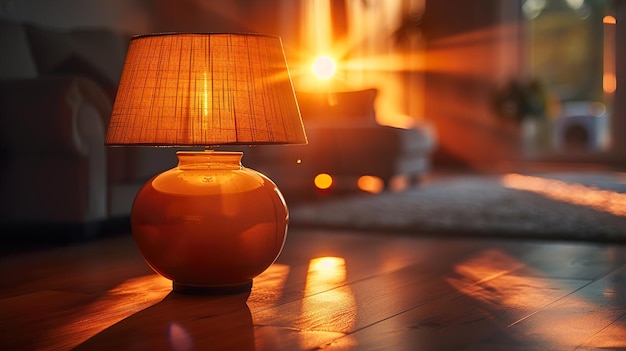 a lamp on a wooden floor with a bright orange shade