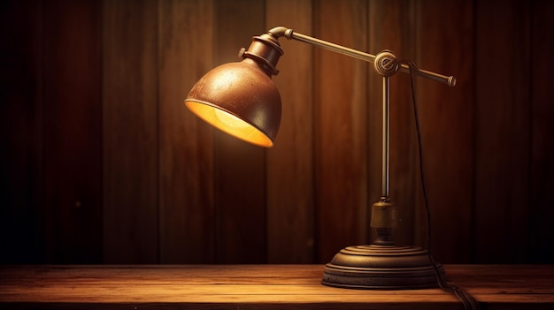 A lamp on a wooden table with a light on it