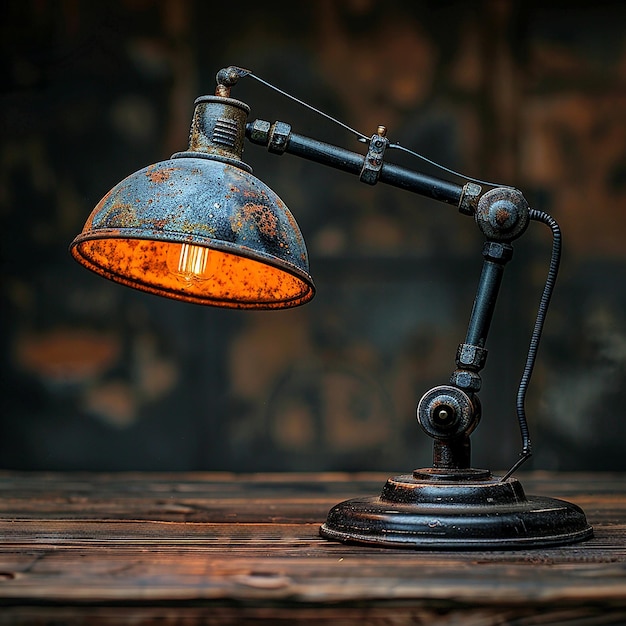 a lamp on a wooden table with the word  on it