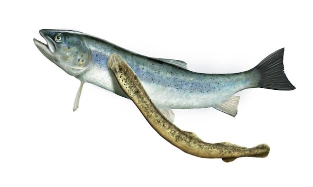 Lamprey feeding from a salmon