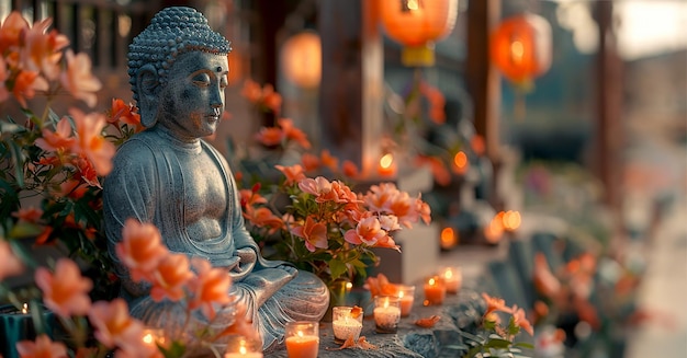 Lamps flowers and candles in front of Buddha statues in a Buddhist temple on the Vesak holiday in honor of the birth enlightenment and death of Buddha Copy space