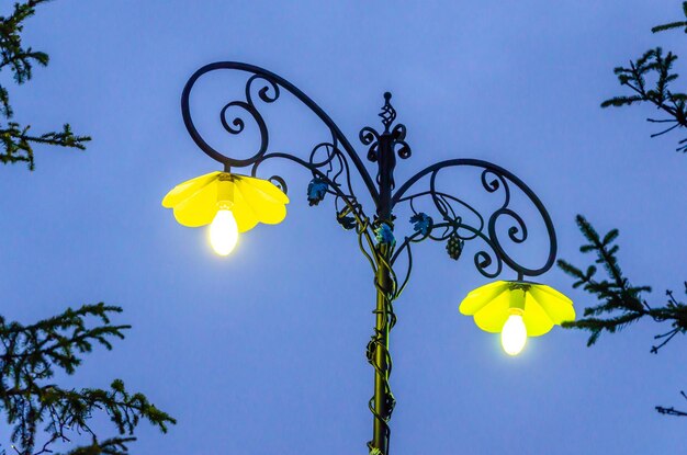 Lamps on the street on a metal pole.