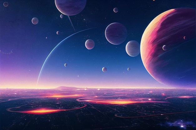 The land of dream city in outer space with futurist planets illustration