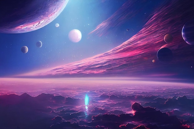 The land of dream city in outer space with futurist planets illustration