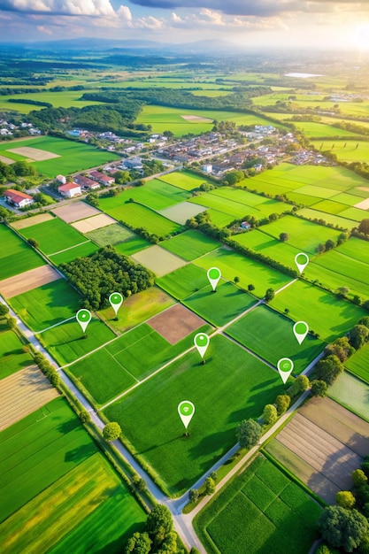 Land plot in aerial view Top view land green field agriculture plant with pins pin location icon for housing subdivision residential development owned sale rent buy or investment