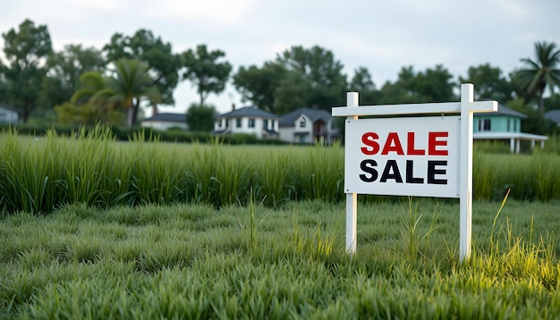 Land for sale sign in green grass field for housing development and construction isolated with