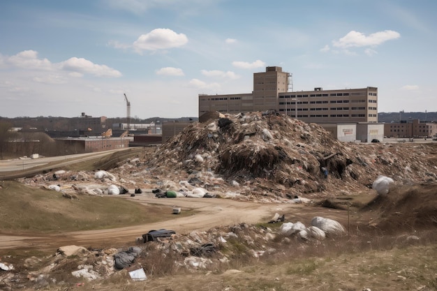 Landfill with towering pile of trash surrounded by landscape of industrial buildings