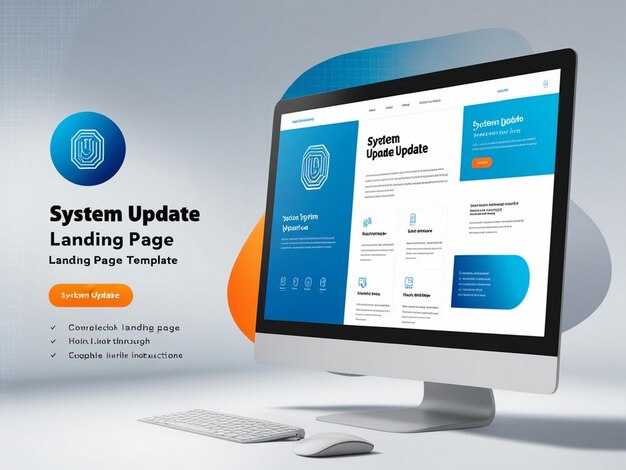 Photo landing page template of system update on computer and smartphone devices concept