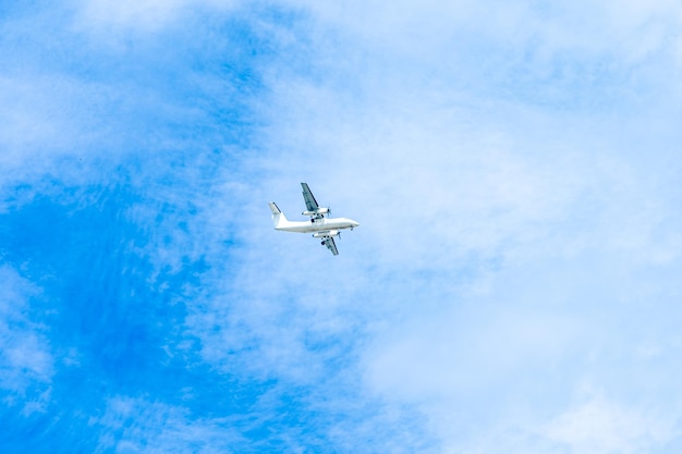 Landing plane on blue sky with clouds