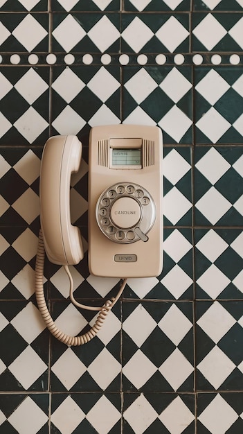 Photo landline telephone kept on tiled floor