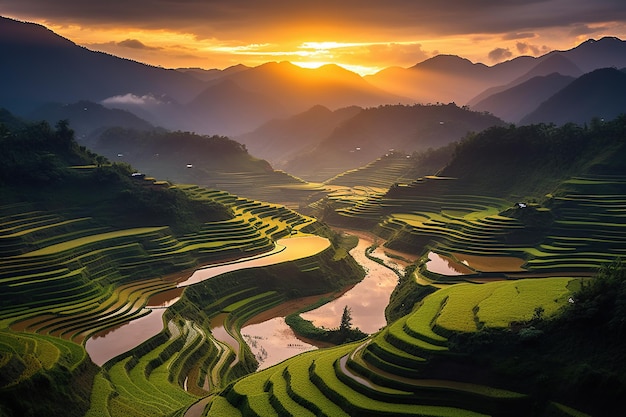 Landmark tourist attraction view Mu Cang Chai rice terraces landscape near Sapa North Vietnam