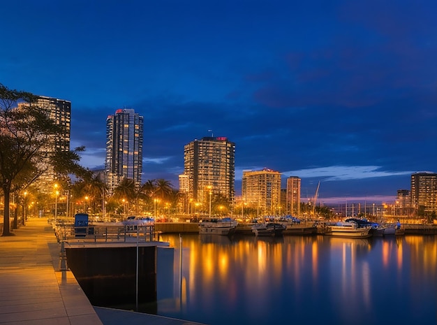 Landmark waterfront urban bay dusk city night view