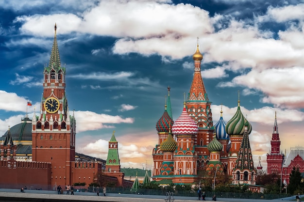 Landmarks of Moscow Kremlin St Basil's Cathedral Spasskaya Tower Colorful cathedral in Red square Russia