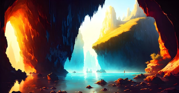 Landscape Adventure cave opening Dungeon Cavern painting mysterious den entrance generative ai for canvas wall art wall painting