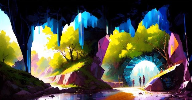 Landscape Adventure cave opening Dungeon Cavern painting mysterious den entrance generative ai for canvas wall art wall painting