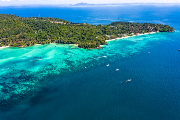 Landscape aerial top view phi phi island kra bi Thailand hi season 