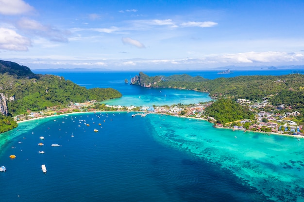 Landscape aerial top view phi phi island kra bi Thailand hi season 