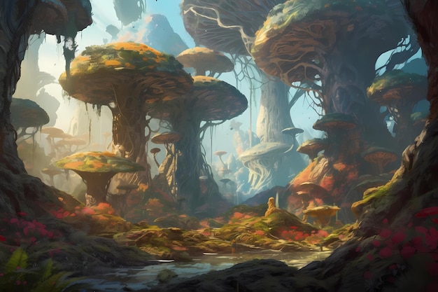 Landscape of an alien forest with bright colors digital art illustration