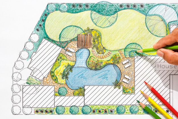 Photo landscape architect design backyard plan for villa