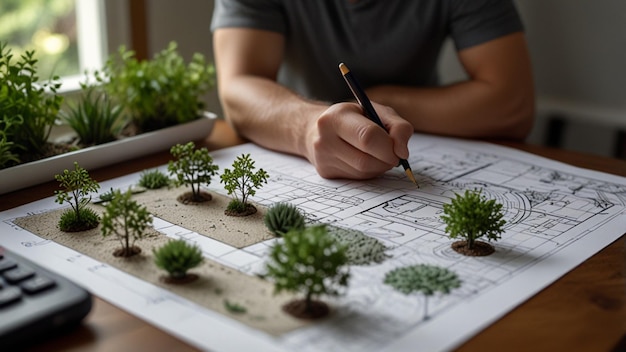 Photo a landscape architect sketching out a garden plan on a large table