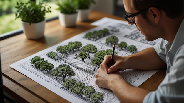 Photo a landscape architect sketching out a garden plan on a large table