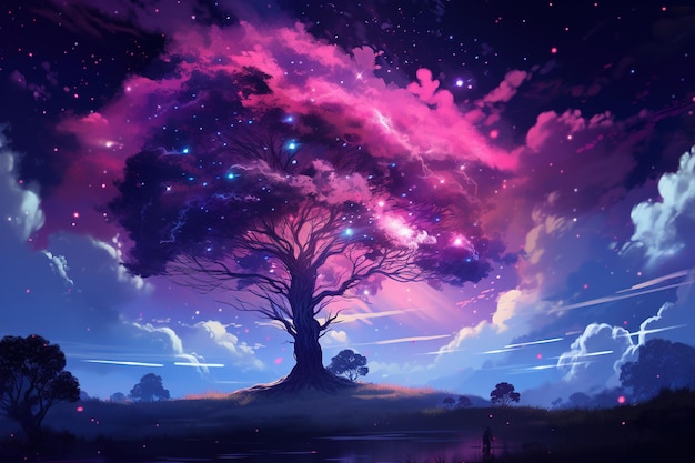 Landscape background tree with a colorful fractal nebula