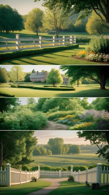 Photo landscape background with fence and green grass wooden hedge and trees grass and flowers park plant