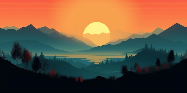 Landscape background with mountains and hills at sunset or sunrise wallpaper print Generated AI