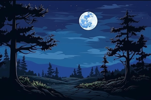 Landscape background with trees and moon