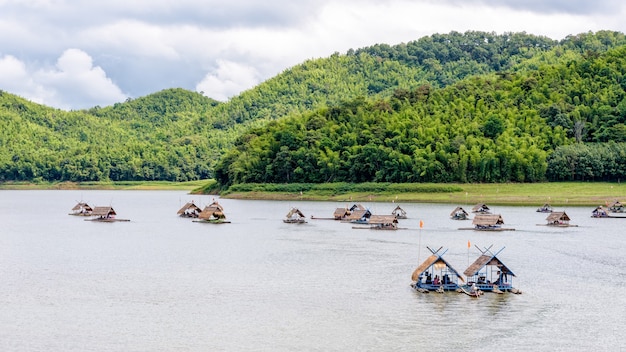 Landscape of bamboo raft shelter floating on the Huai Krathing river in Thailand