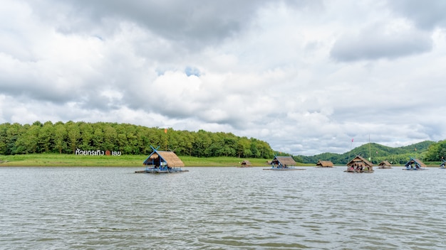 Landscape of bamboo raft shelter floating on the Huai Krathing river in Thailand