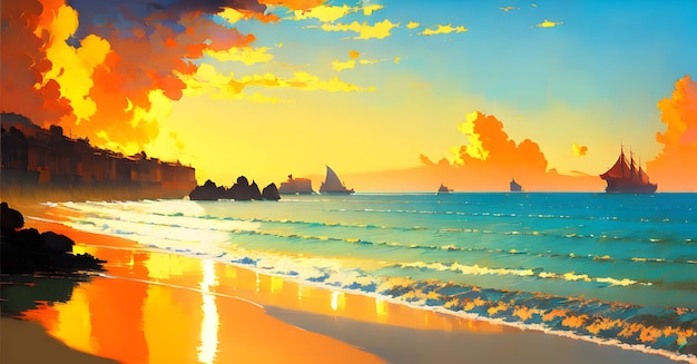 Landscape Beach Ocean Sunset Childrens book illustration Generative AI Fantasy Digital Art