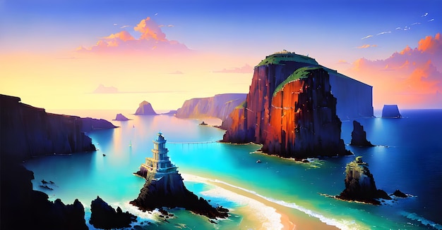 Landscape Beach Ocean Sunset Childrens book illustration Generative AI Fantasy Digital Art