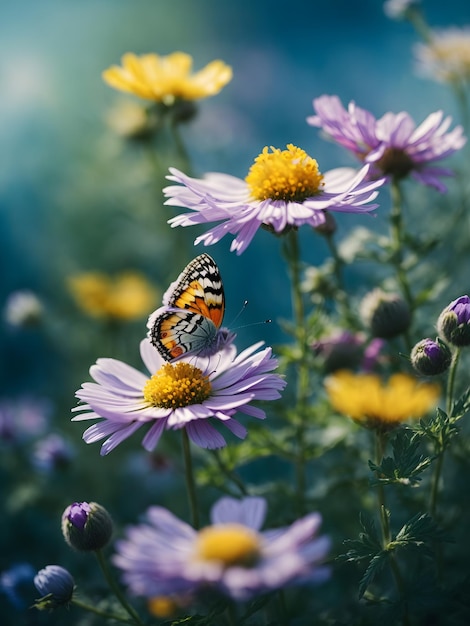 Landscape Beautiful wild flowers chamomile purple wild peas butterfly