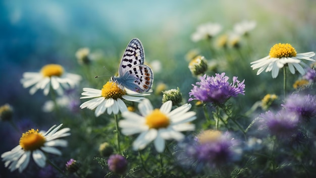 Landscape Beautiful wild flowers chamomile purple wild peas butterfly