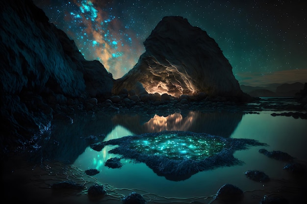 Landscape Bioluminescence glowing plankton in water fantasy luminescent algae in mountain lake at night stunningly beautiful scene Stars reflected in water 3d illustration