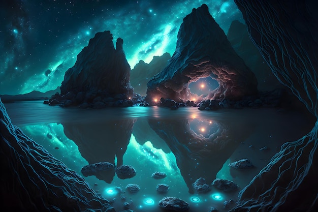 Landscape Bioluminescence glowing plankton in water fantasy luminescent algae in mountain lake at night stunningly beautiful scene Stars reflected in water 3d illustration