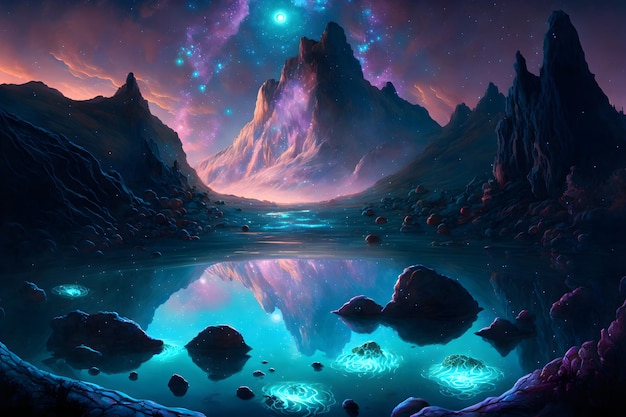 Landscape Bioluminescence glowing plankton in water fantasy luminescent algae in mountain lake at night stunningly beautiful scene Stars reflected in water 3d illustration