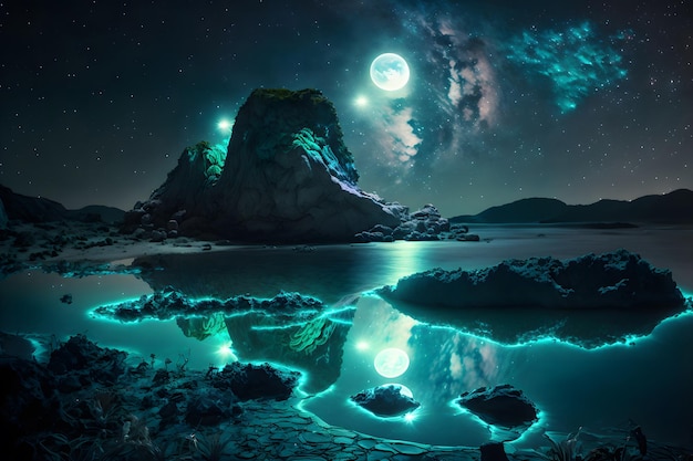 Landscape Bioluminescence glowing plankton in water fantasy luminescent algae in mountain lake at night stunningly beautiful scene Stars reflected in water 3d illustration