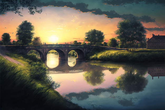 Landscape Bridge over the river on the background of sunset