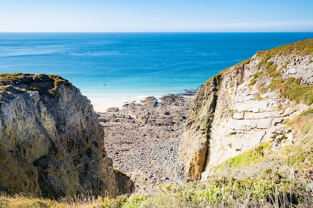 Landscape of the Brittany coast in the Cape Frehel region with its beaches rocks and cliffs in summer