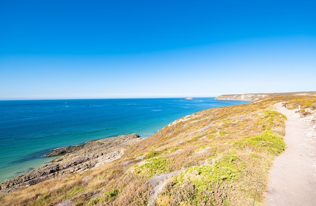 Landscape of the Brittany coast in the Cape Frehel region with its beaches rocks and cliffs in summer