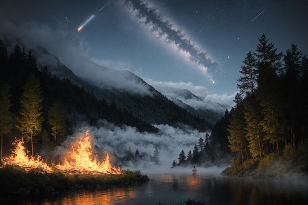 Landscape of a burning forest with a river at night