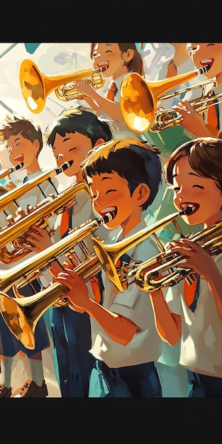 Photo landscape of a cartoon featuring children playing a trombone with an image of a boy playing a trum